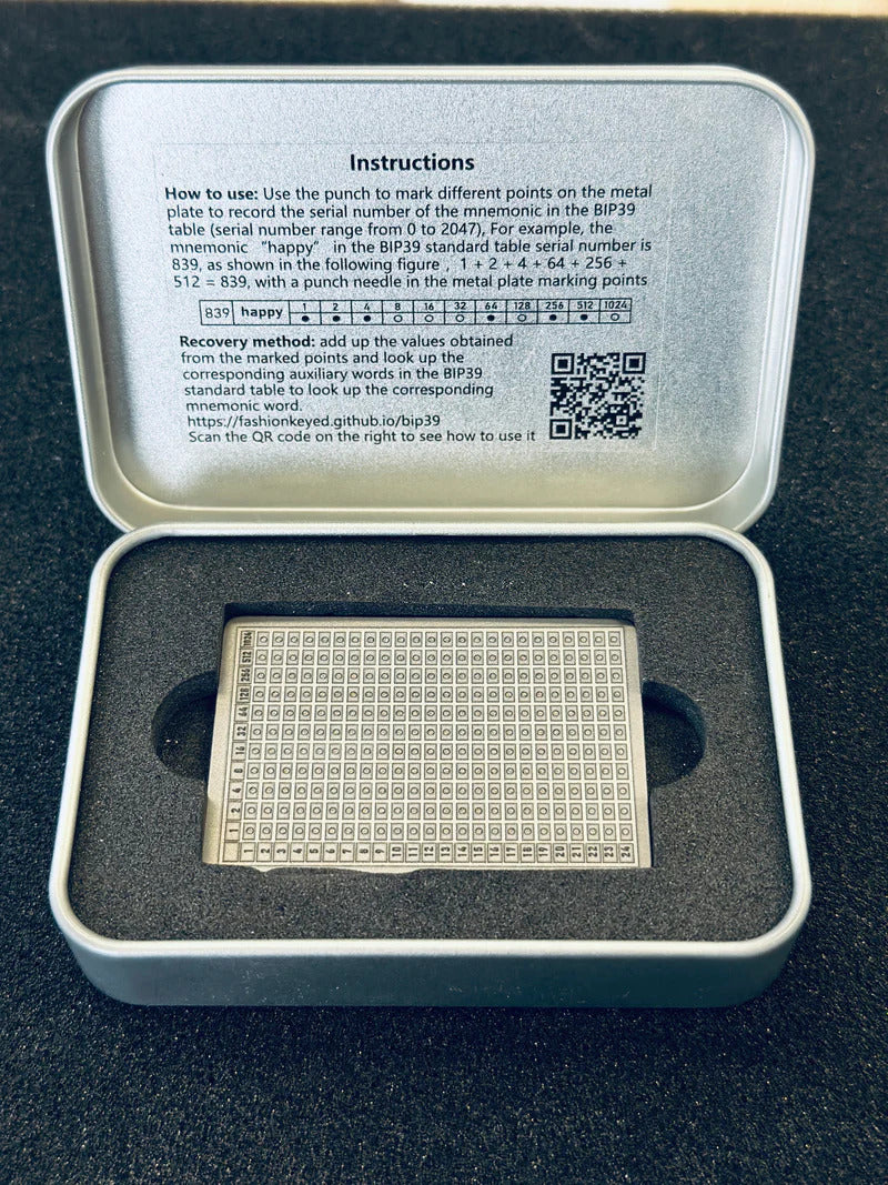 Titanium Mnemonic Plate - 24 Bit BIP39 Binary Cold Storage for Crypto Wallets