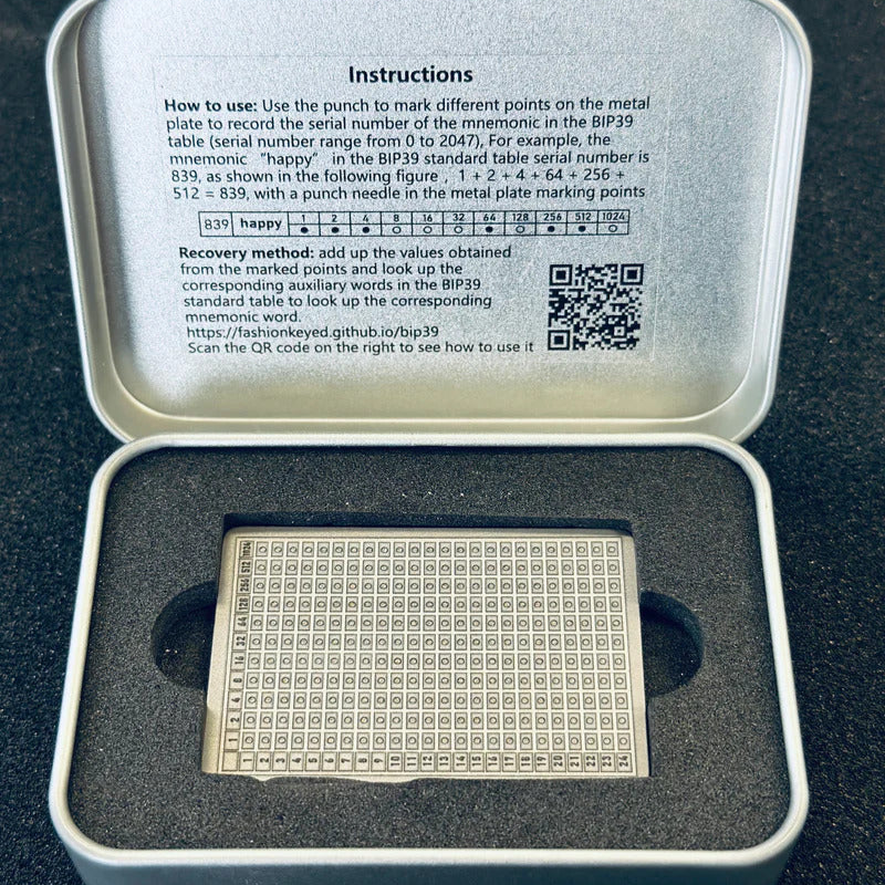 Titanium Mnemonic Plate - 24 Bit BIP39 Binary Cold Storage for Crypto Wallets