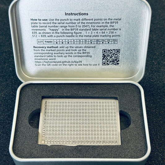 Titanium Mnemonic Plate - 24 Bit BIP39 Binary Cold Storage for Crypto Wallets